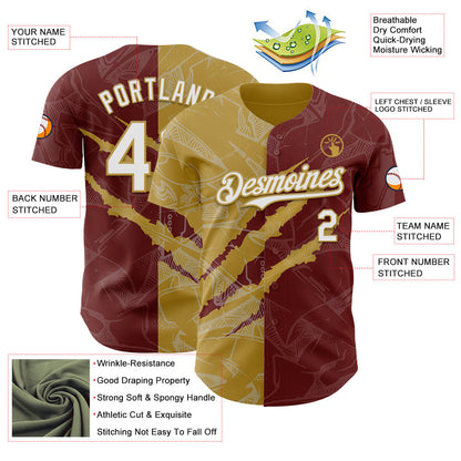Custom Graffiti Pattern White Burgundy-Old Gold 3D Scratch Authentic Baseball Jersey - Sky-Custom