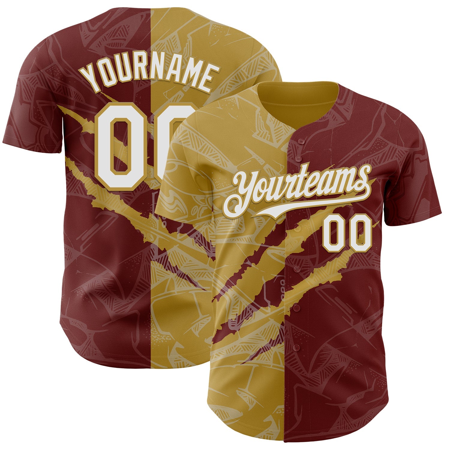 Custom Graffiti Pattern White Burgundy-Old Gold 3D Scratch Authentic Baseball Jersey - Sky-Custom