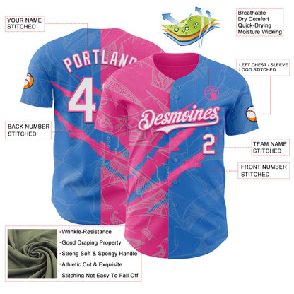 Custom Graffiti Pattern White Electric Blue-Pink 3D Scratch Authentic Baseball Jersey - Sky-Custom