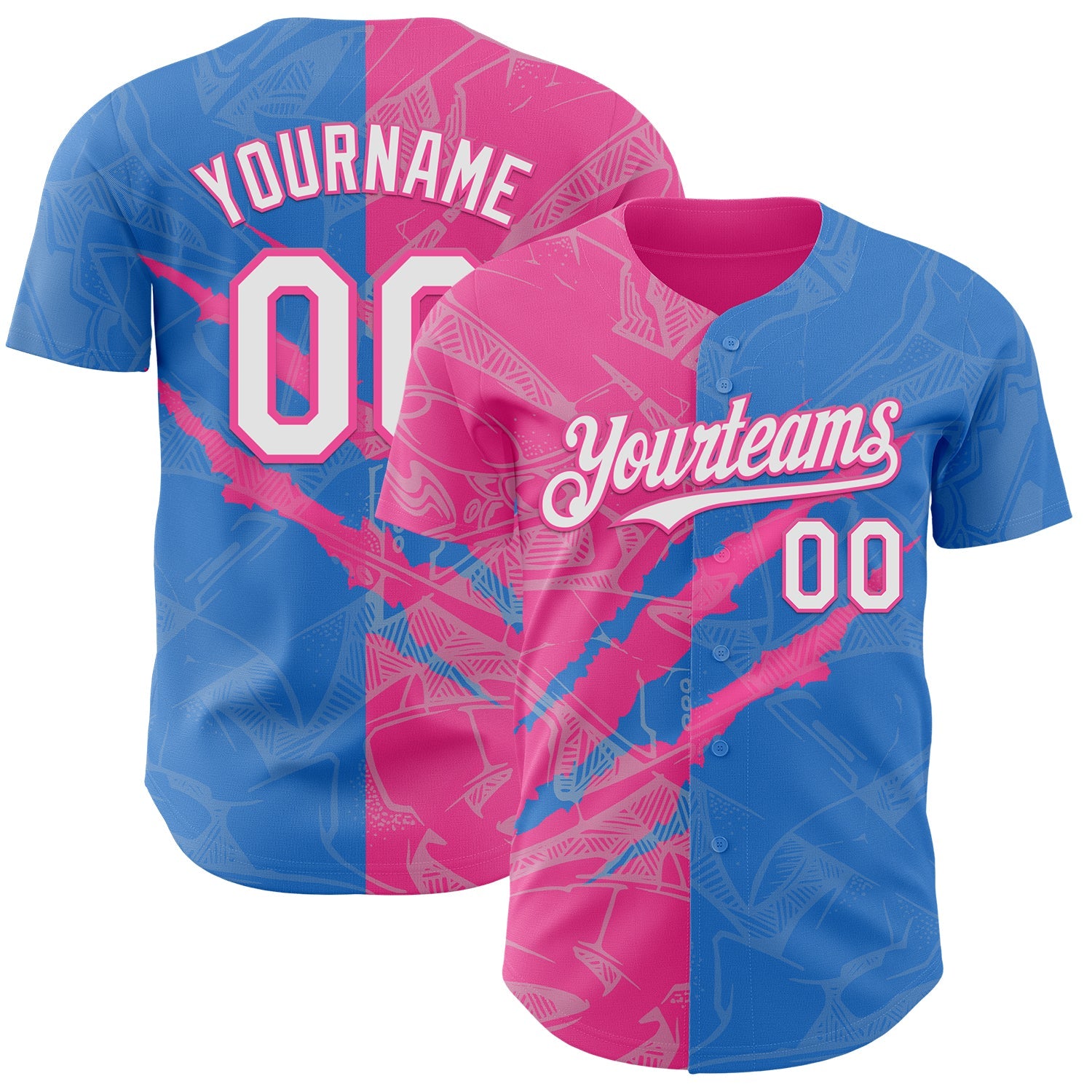 Custom Graffiti Pattern White Electric Blue-Pink 3D Scratch Authentic Baseball Jersey - Sky-Custom