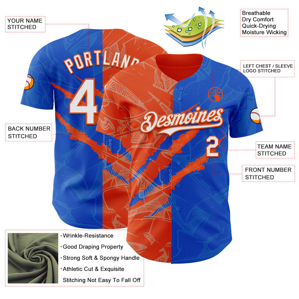 Custom Graffiti Pattern White Thunder Blue-Orange 3D Scratch Authentic Baseball Jersey - Sky-Custom