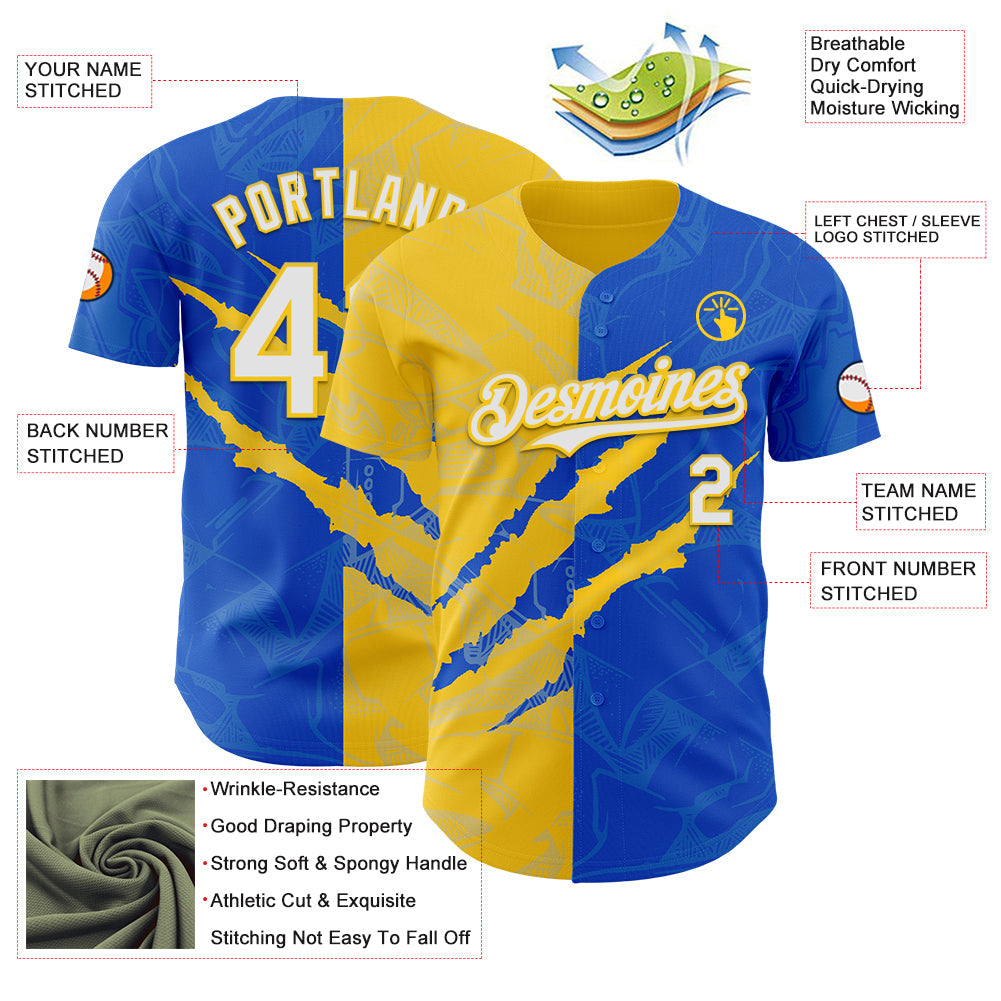 Custom Graffiti Pattern White Thunder Blue-Yellow 3D Scratch Authentic Baseball Jersey - Sky-Custom