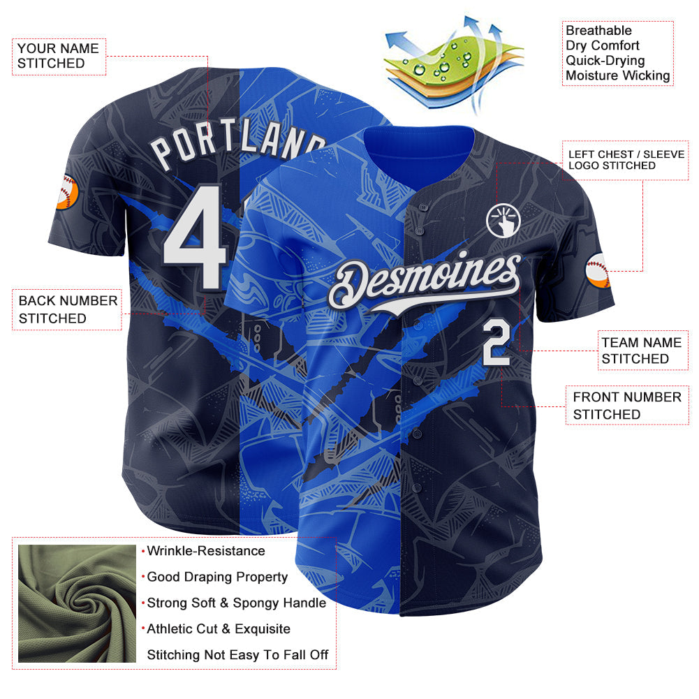 Custom Graffiti Pattern White Navy-Thunder Blue 3D Scratch Authentic Baseball Jersey - Sky-Custom