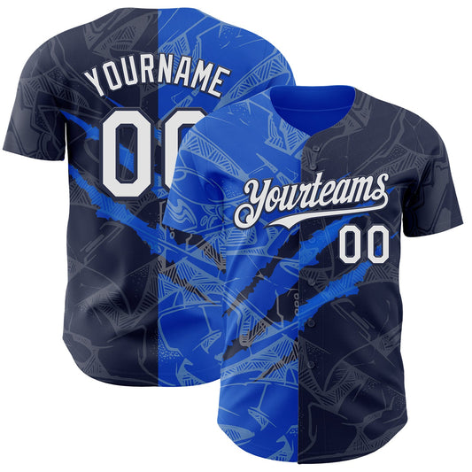 Custom Graffiti Pattern White Navy-Thunder Blue 3D Scratch Authentic Baseball Jersey - Sky-Custom