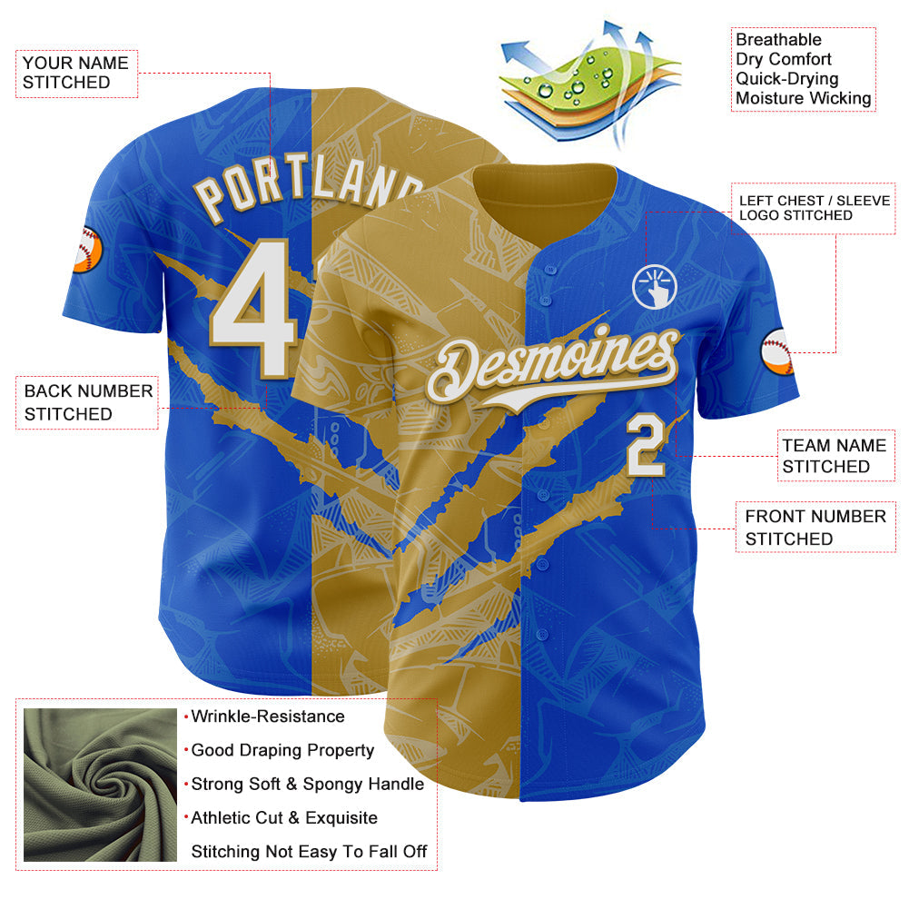 Custom Graffiti Pattern White Thunder Blue-Old Gold 3D Scratch Authentic Baseball Jersey - Sky-Custom