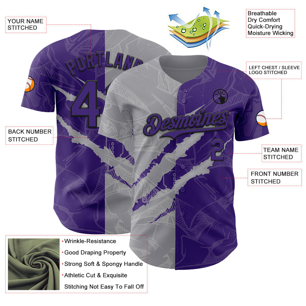 Custom Graffiti Pattern Purple Gray-Black 3D Scratch Authentic Baseball Jersey - Sky-Custom