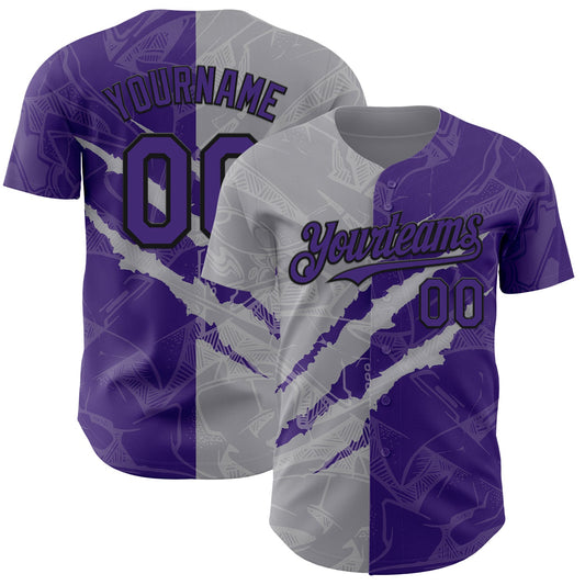 Custom Graffiti Pattern Purple Gray-Black 3D Scratch Authentic Baseball Jersey - Sky-Custom