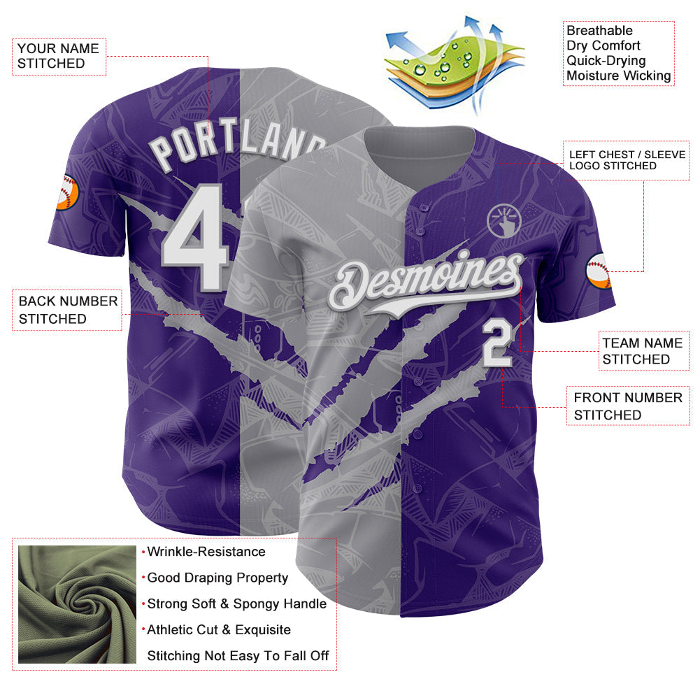 Custom Graffiti Pattern White Purple-Gray 3D Scratch Authentic Baseball Jersey - Sky-Custom