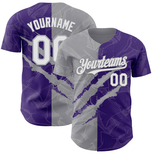 Custom Graffiti Pattern White Purple-Gray 3D Scratch Authentic Baseball Jersey - Sky-Custom