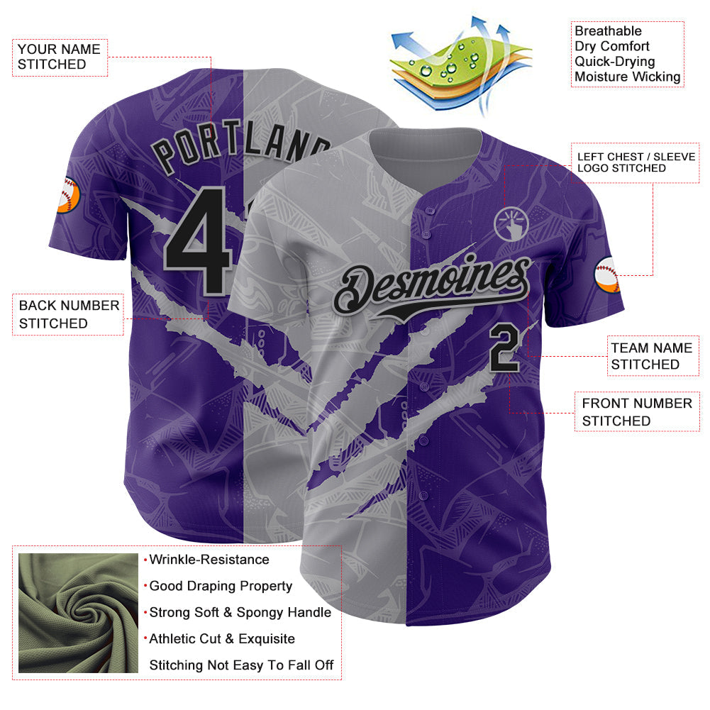 Custom Graffiti Pattern Black Purple-Gray 3D Scratch Authentic Baseball Jersey - Sky-Custom