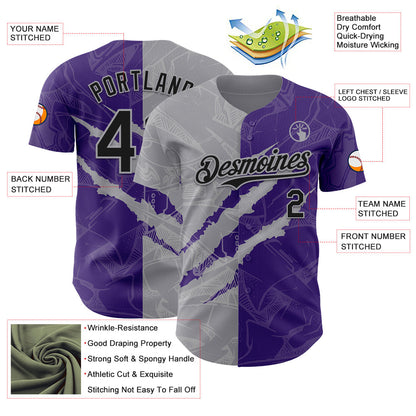 Custom Graffiti Pattern Black Purple-Gray 3D Scratch Authentic Baseball Jersey - Sky-Custom
