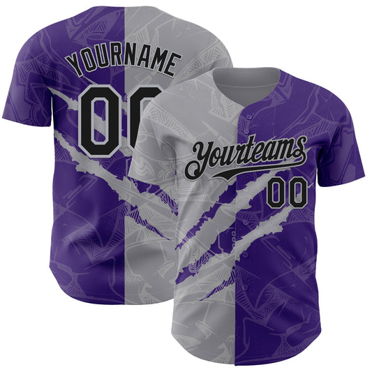 Custom Graffiti Pattern Black Purple-Gray 3D Scratch Authentic Baseball Jersey - Sky-Custom