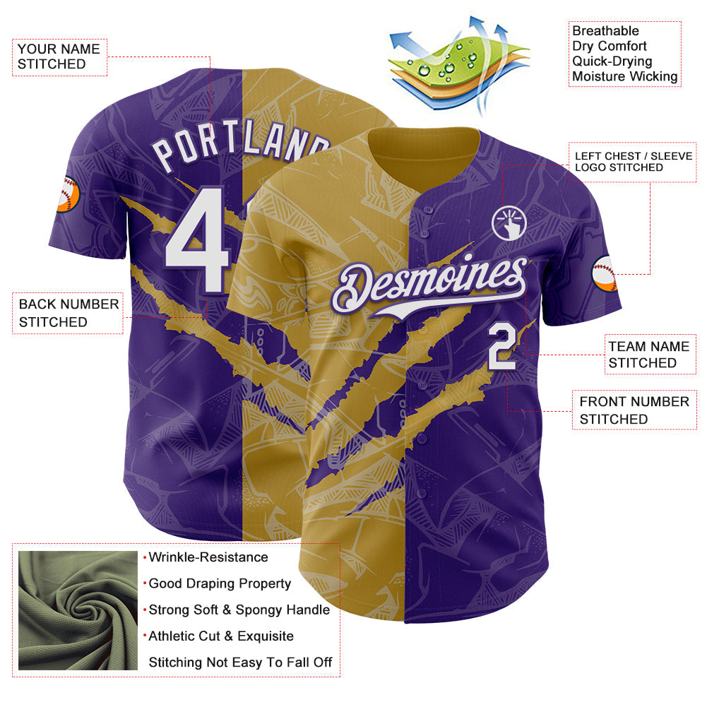 Custom Graffiti Pattern White Purple-Old Gold 3D Scratch Authentic Baseball Jersey - Sky-Custom