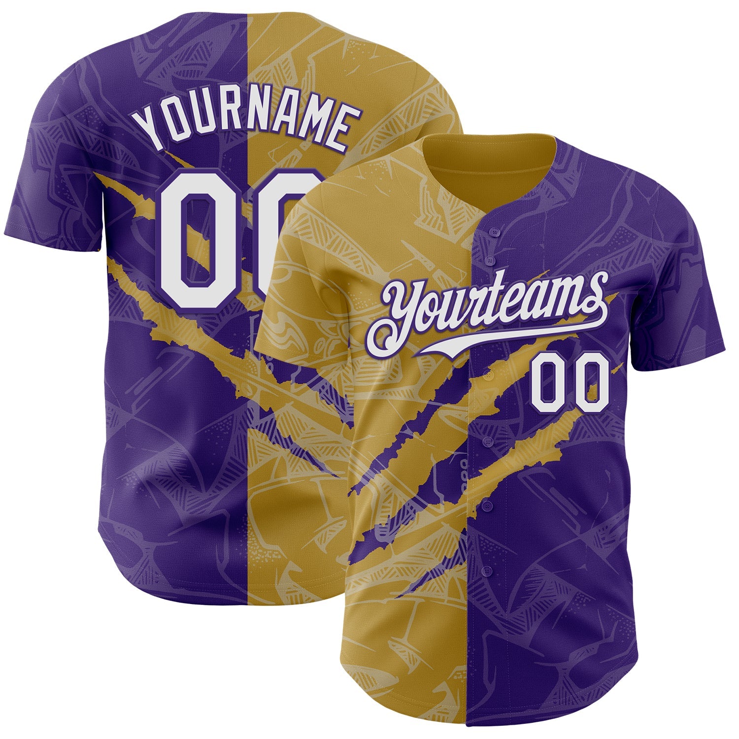 Custom Graffiti Pattern White Purple-Old Gold 3D Scratch Authentic Baseball Jersey - Sky-Custom