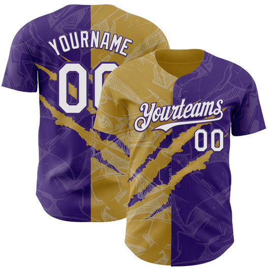 Custom Graffiti Pattern White Purple-Old Gold 3D Scratch Authentic Baseball Jersey - Sky-Custom