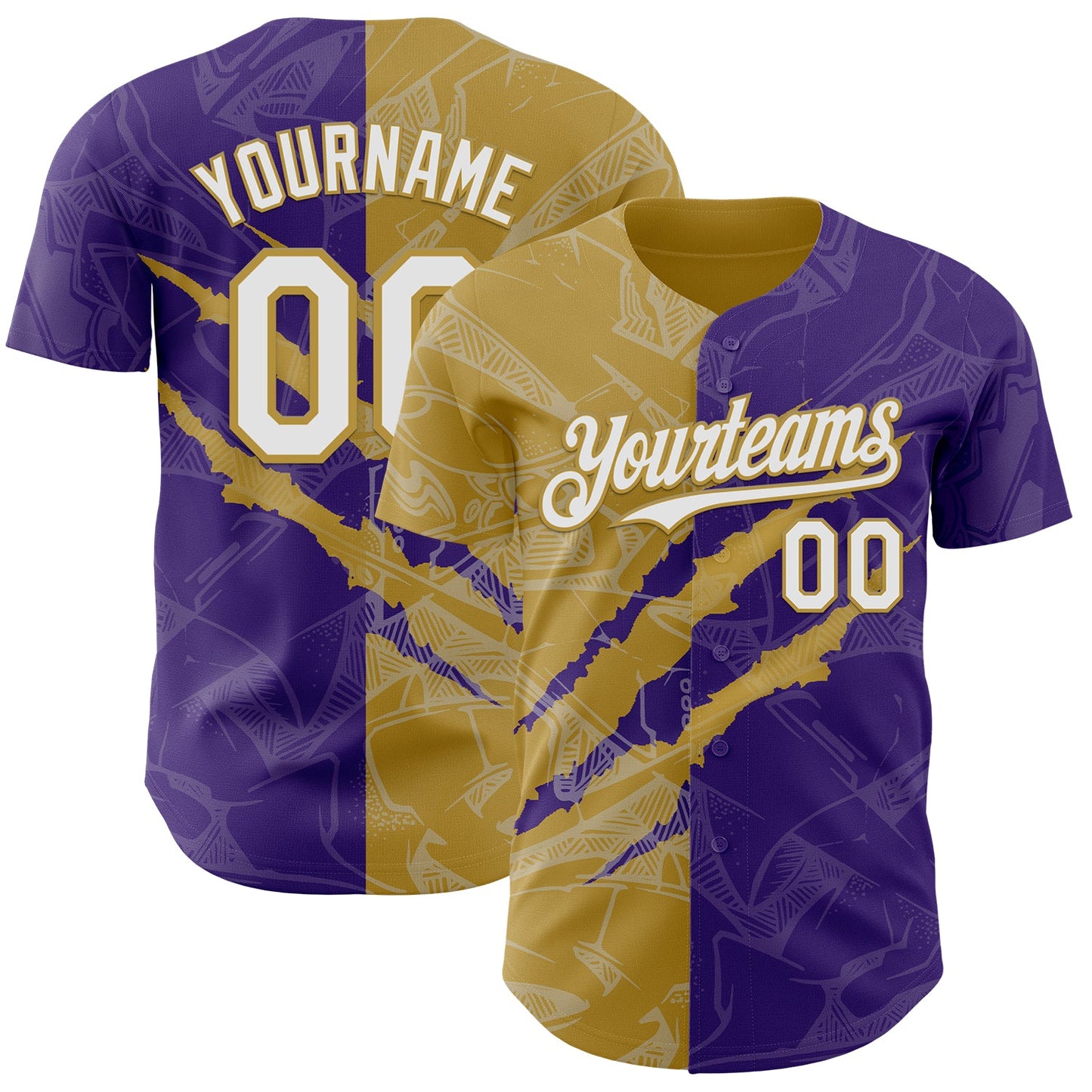 Custom Graffiti Pattern White Purple-Old Gold 3D Scratch Authentic Baseball Jersey - Sky-Custom