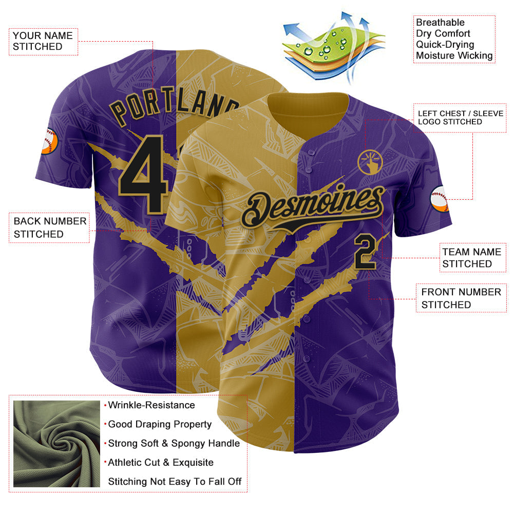Custom Graffiti Pattern Black Purple-Old Gold 3D Scratch Authentic Baseball Jersey - Sky-Custom
