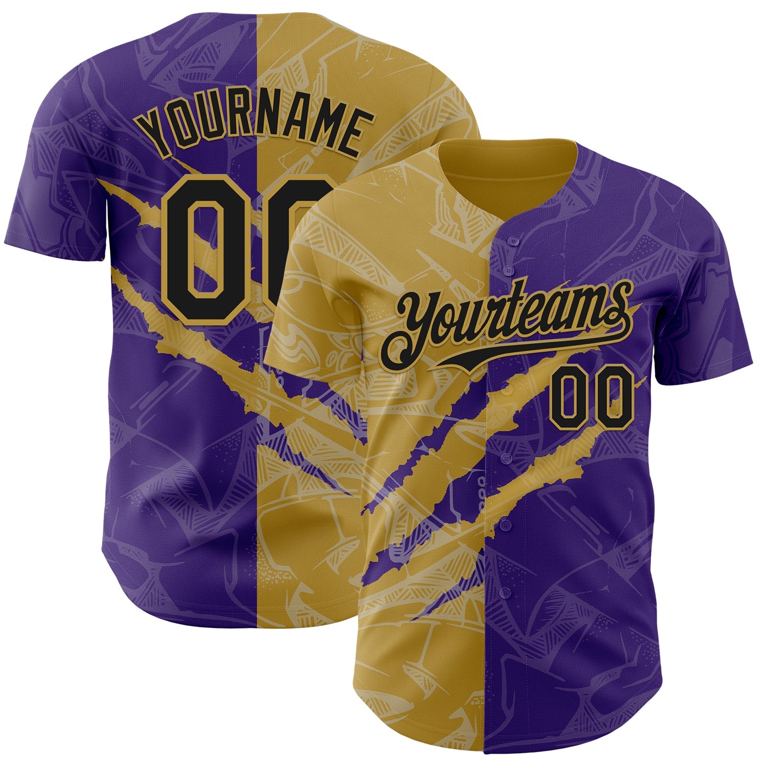 Custom Graffiti Pattern Black Purple-Old Gold 3D Scratch Authentic Baseball Jersey - Sky-Custom