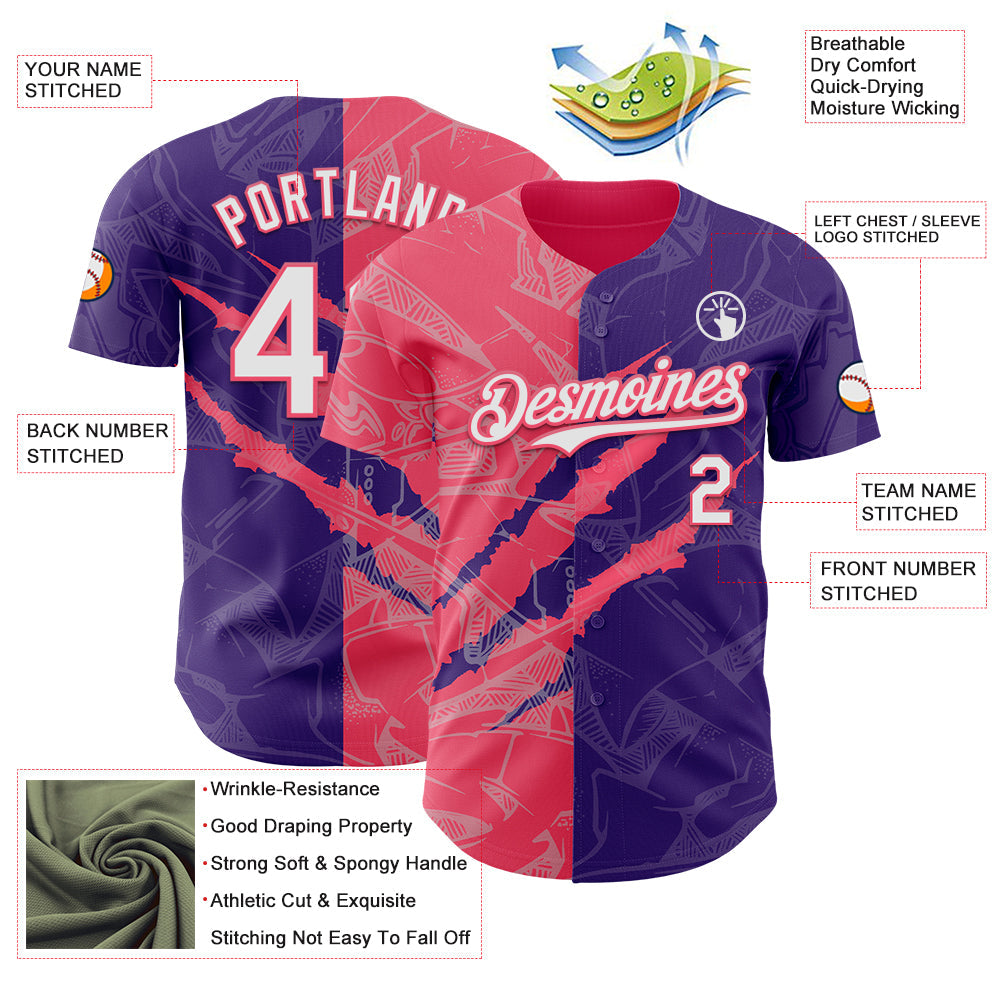 Custom Graffiti Pattern White Purple-Neon Pink 3D Scratch Authentic Baseball Jersey - Sky-Custom