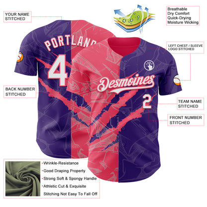 Custom Graffiti Pattern White Purple-Neon Pink 3D Scratch Authentic Baseball Jersey - Sky-Custom