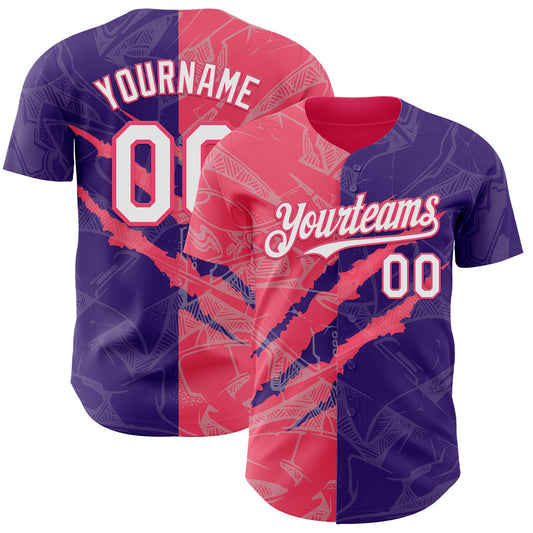 Custom Graffiti Pattern White Purple-Neon Pink 3D Scratch Authentic Baseball Jersey - Sky-Custom