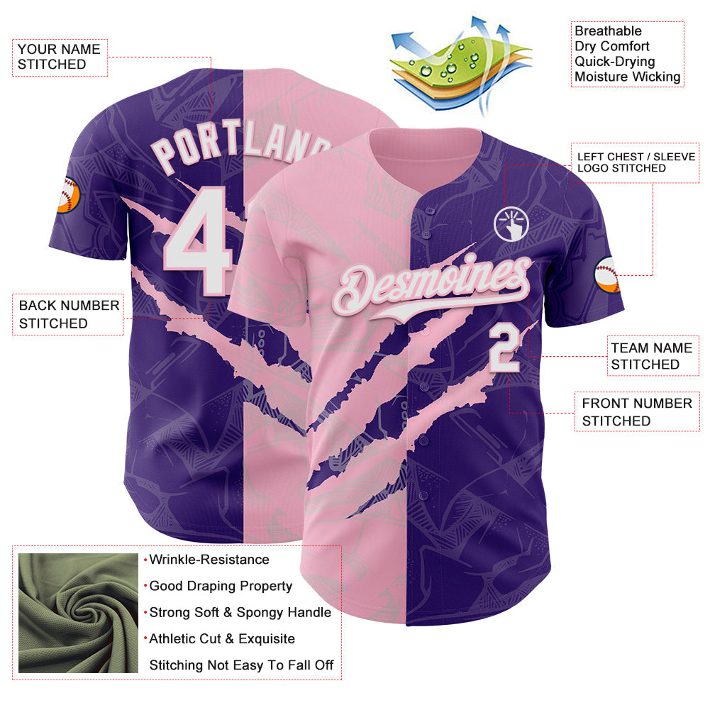 Custom Graffiti Pattern White Purple-Light Pink 3D Scratch Authentic Baseball Jersey - Sky-Custom