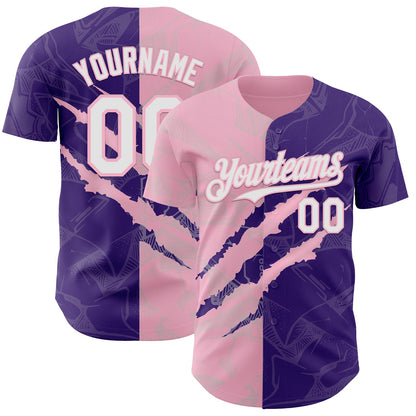 Custom Graffiti Pattern White Purple-Light Pink 3D Scratch Authentic Baseball Jersey - Sky-Custom