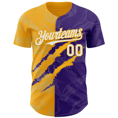 Custom Graffiti Pattern White Purple-Gold 3D Scratch Authentic Baseball Jersey - Sky-Custom