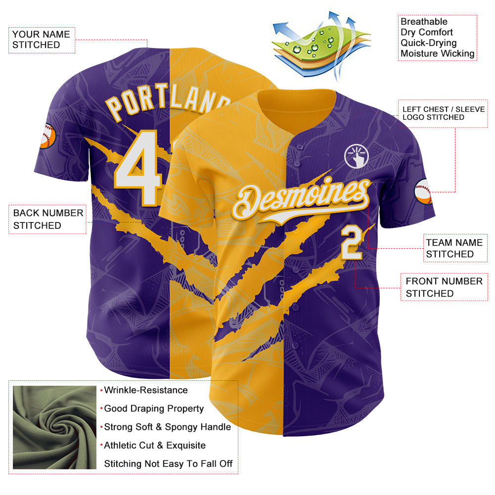 Custom Graffiti Pattern White Purple-Gold 3D Scratch Authentic Baseball Jersey - Sky-Custom
