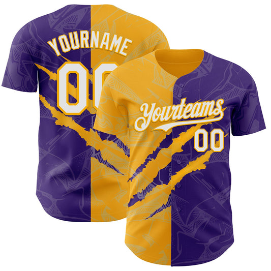 Custom Graffiti Pattern White Purple-Gold 3D Scratch Authentic Baseball Jersey - Sky-Custom