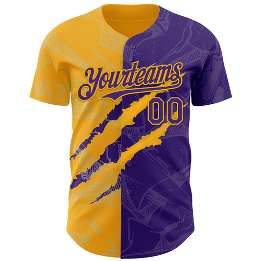 Custom Graffiti Pattern Purple-Gold 3D Scratch Authentic Baseball Jersey - Sky-Custom