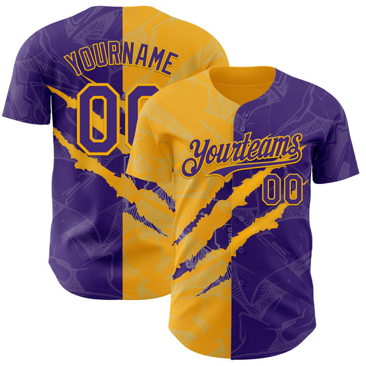 Custom Graffiti Pattern Purple-Gold 3D Scratch Authentic Baseball Jersey - Sky-Custom