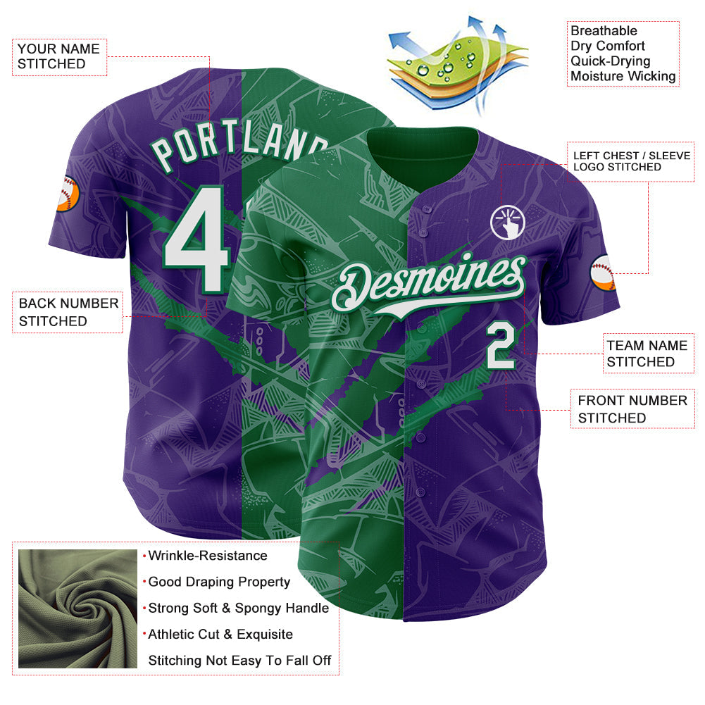 Custom Graffiti Pattern White Purple-Kelly Green 3D Scratch Authentic Baseball Jersey - Sky-Custom