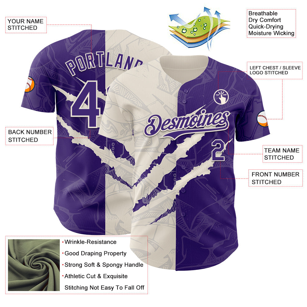 Custom Graffiti Pattern Purple-Cream 3D Scratch Authentic Baseball Jersey - Sky-Custom