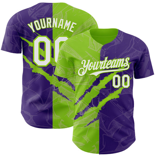 Custom Graffiti Pattern White Purple-Neon Green 3D Scratch Authentic Baseball Jersey - Sky-Custom