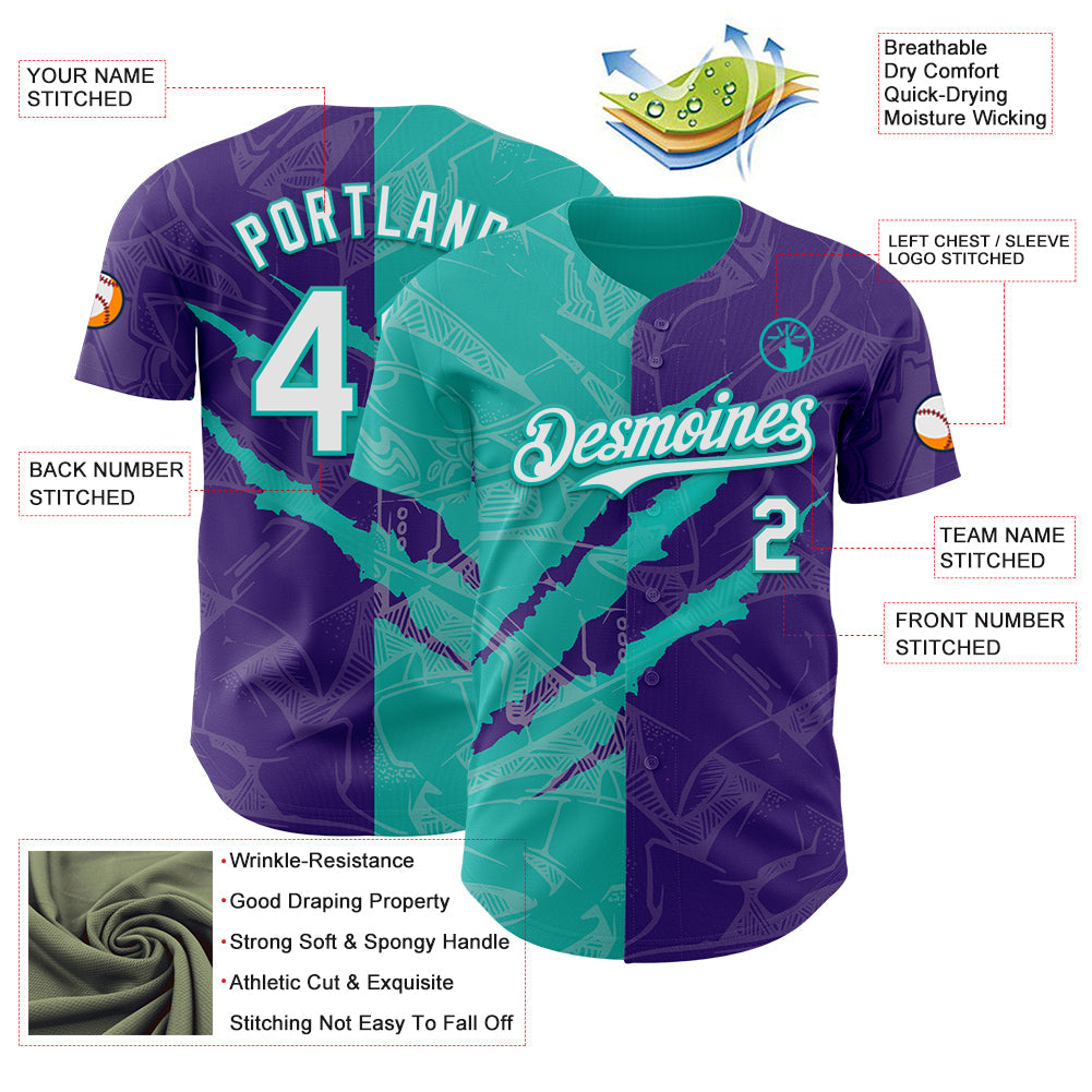 Custom Graffiti Pattern White Purple-Aqua 3D Scratch Authentic Baseball Jersey - Sky-Custom