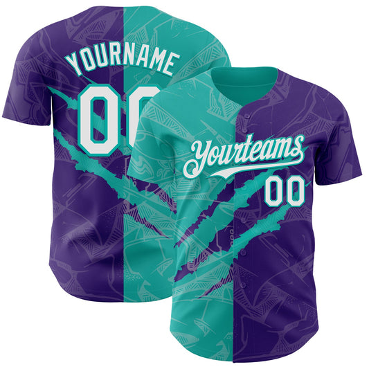 Custom Graffiti Pattern White Purple-Aqua 3D Scratch Authentic Baseball Jersey - Sky-Custom