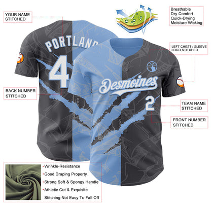 Custom Graffiti Pattern White Steel Gray-Light Blue 3D Scratch Authentic Baseball Jersey - Sky-Custom