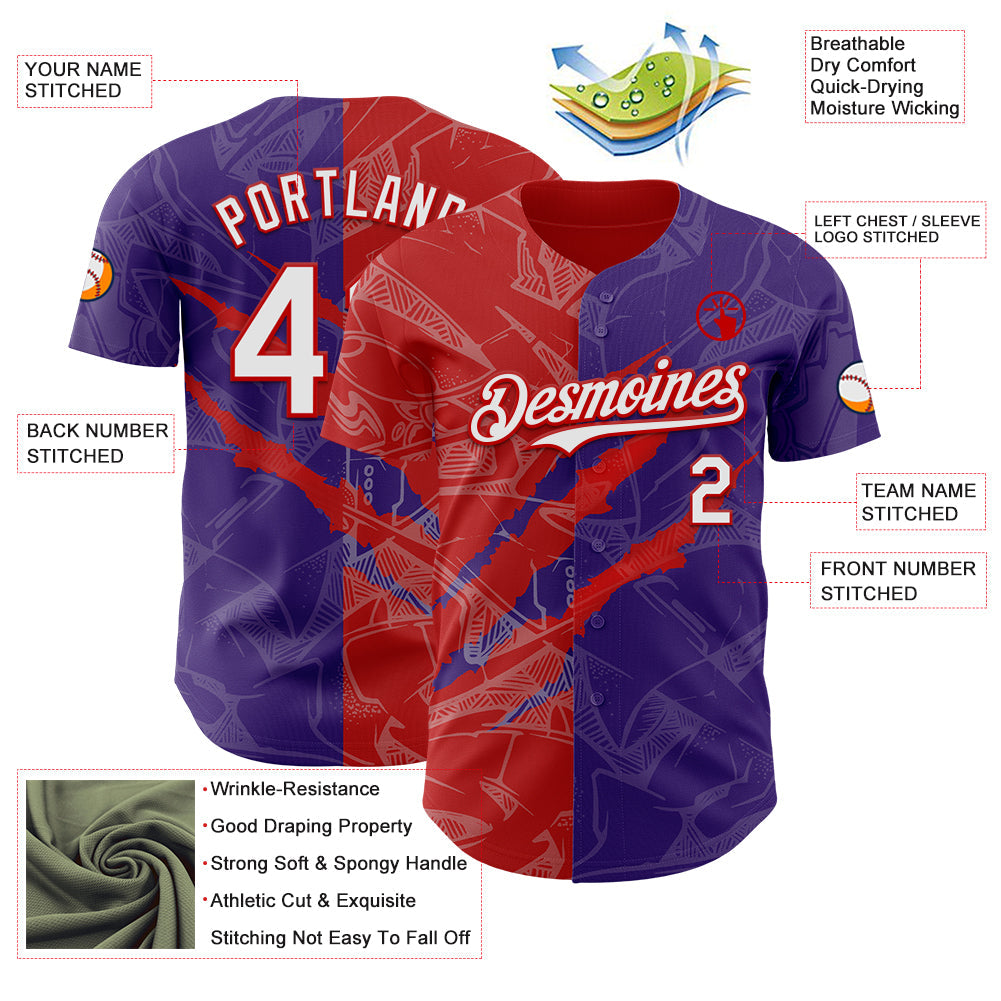 Custom Graffiti Pattern White Purple-Red 3D Scratch Authentic Baseball Jersey - Sky-Custom