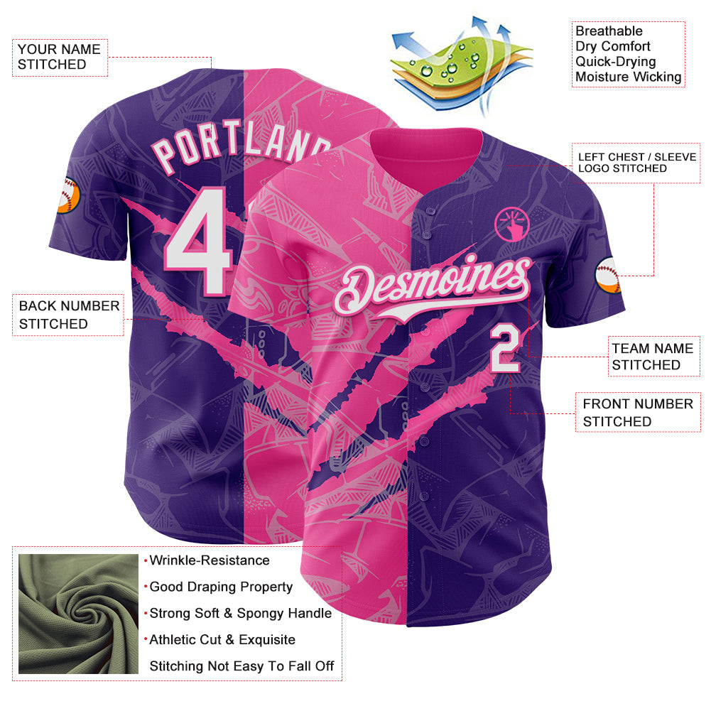 Custom Graffiti Pattern White Purple-Pink 3D Scratch Authentic Baseball Jersey - Sky-Custom