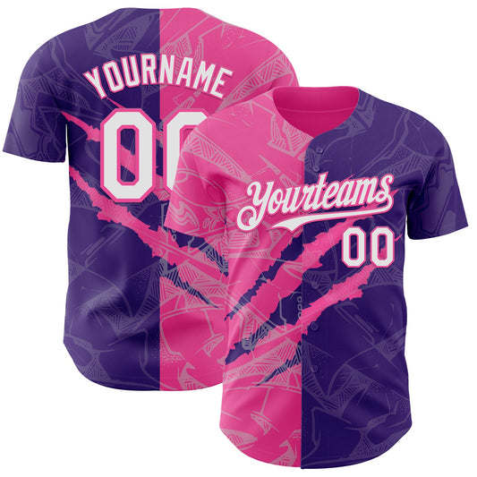 Custom Graffiti Pattern White Purple-Pink 3D Scratch Authentic Baseball Jersey - Sky-Custom