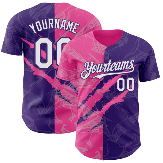 Custom Graffiti Pattern White Purple-Pink 3D Scratch Authentic Baseball Jersey - Sky-Custom
