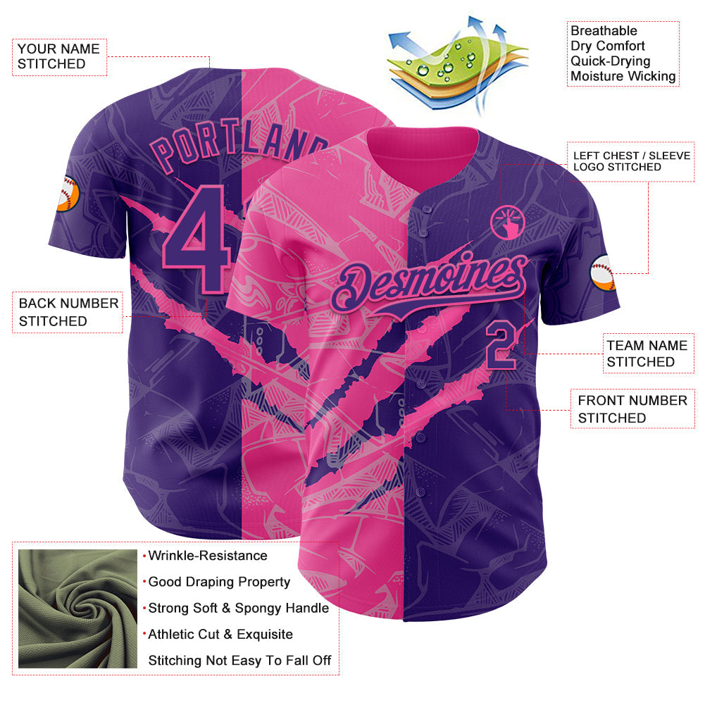 Custom Graffiti Pattern Purple-Pink 3D Scratch Authentic Baseball Jersey - Sky-Custom