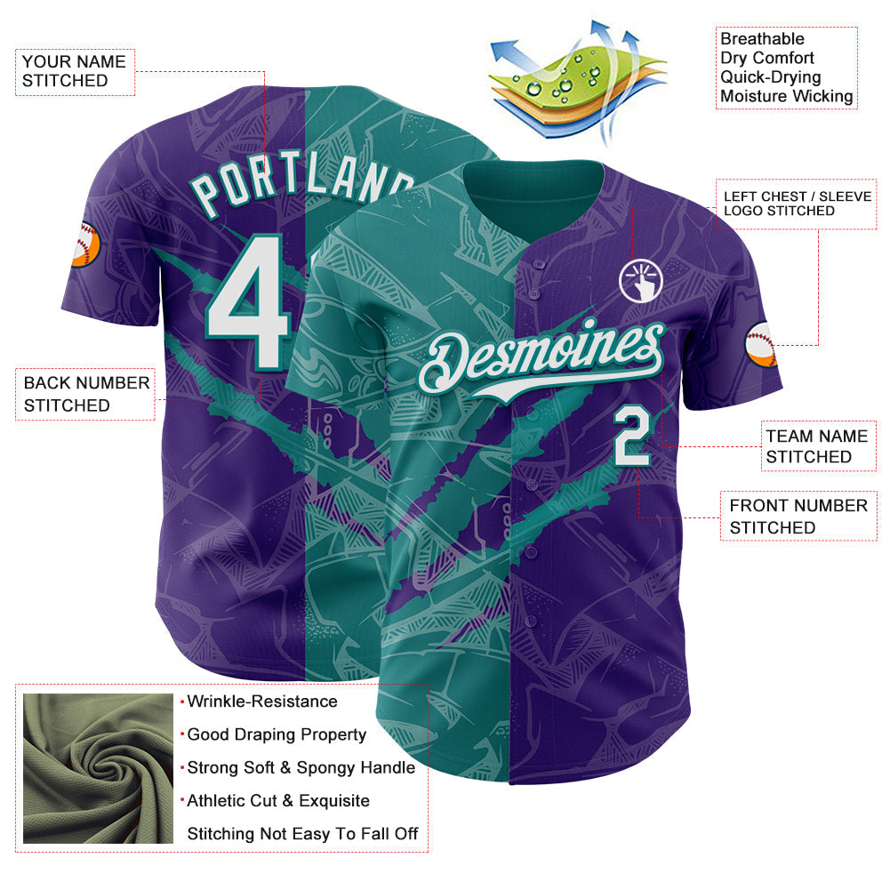 Custom Graffiti Pattern White Purple-Teal 3D Scratch Authentic Baseball Jersey - Sky-Custom