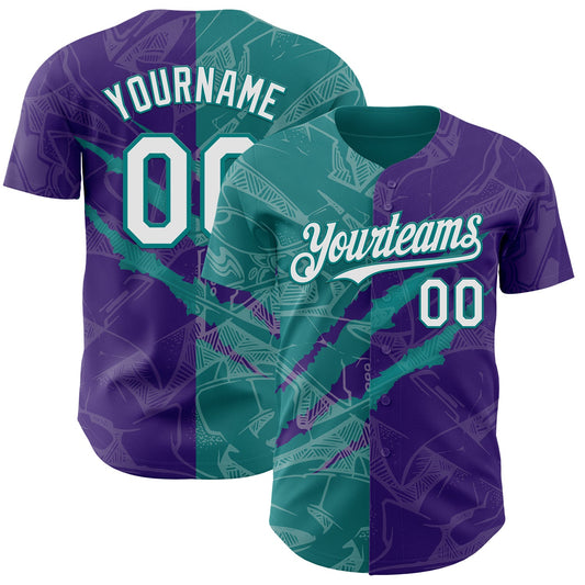 Custom Graffiti Pattern White Purple-Teal 3D Scratch Authentic Baseball Jersey - Sky-Custom