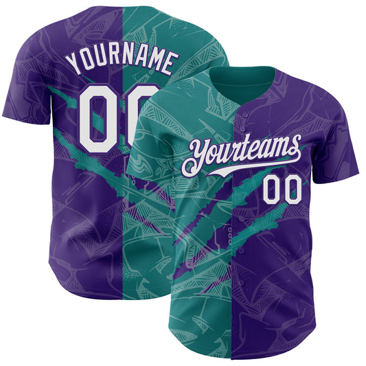 Custom Graffiti Pattern White Purple-Teal 3D Scratch Authentic Baseball Jersey - Sky-Custom