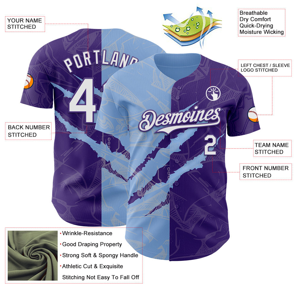 Custom Graffiti Pattern White Purple-Light Blue 3D Scratch Authentic Baseball Jersey - Sky-Custom