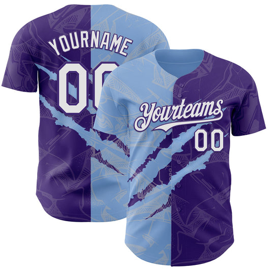 Custom Graffiti Pattern White Purple-Light Blue 3D Scratch Authentic Baseball Jersey - Sky-Custom