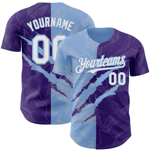 Custom Graffiti Pattern White Purple-Light Blue 3D Scratch Authentic Baseball Jersey - Sky-Custom