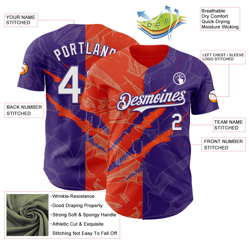Custom Graffiti Pattern White Purple-Orange 3D Scratch Authentic Baseball Jersey - Sky-Custom